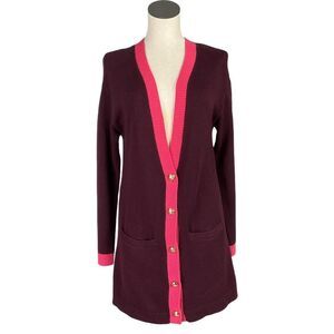 Talbots V Neck Cardigan Women S Burgundy Pink Pockets Long Sleeve Crest Buttons
